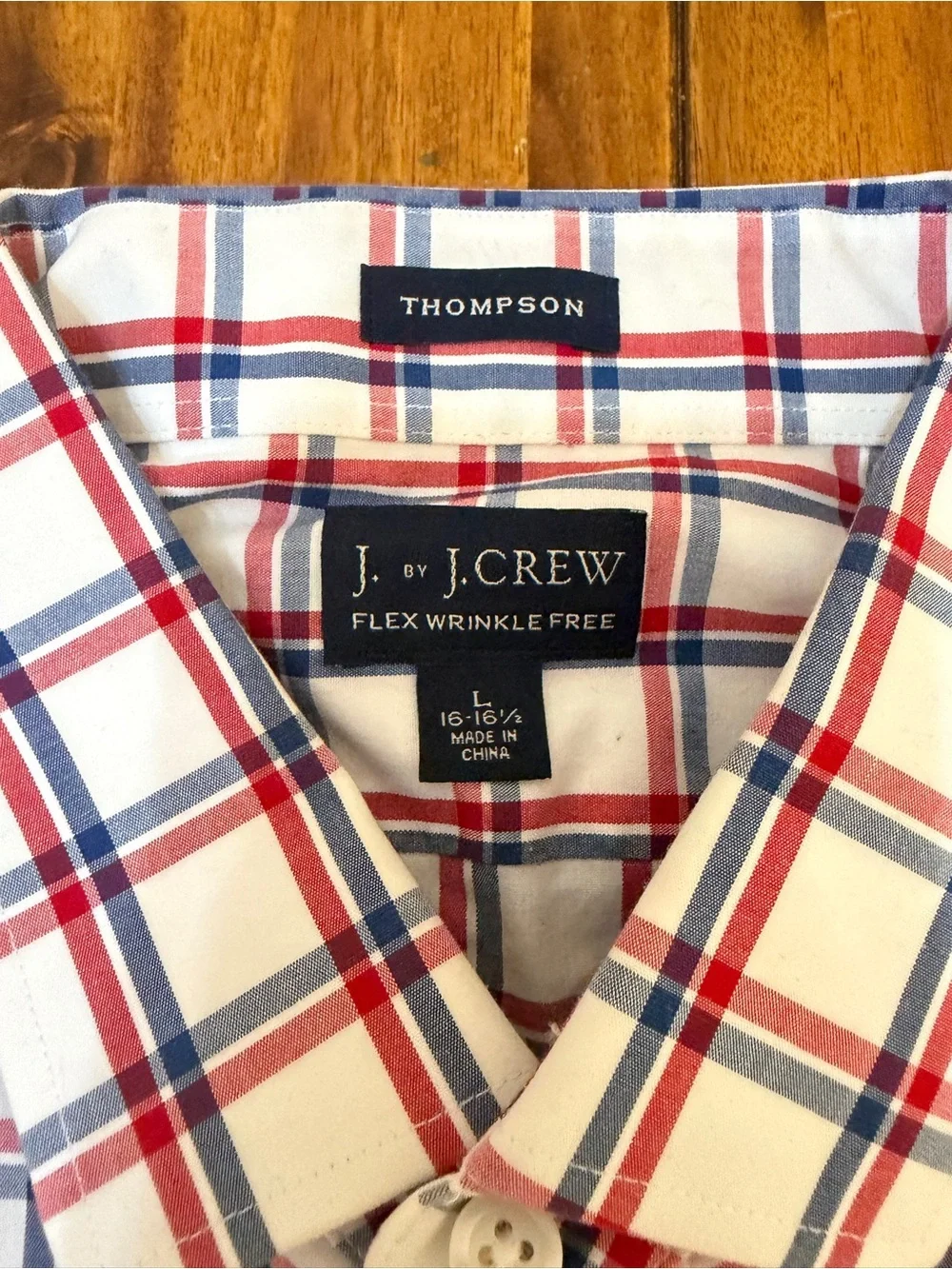 J.Crew Thompson Shirt Mens L 16 1/2 Red Blue Tattersall Plaid Flex Wrinkle Free